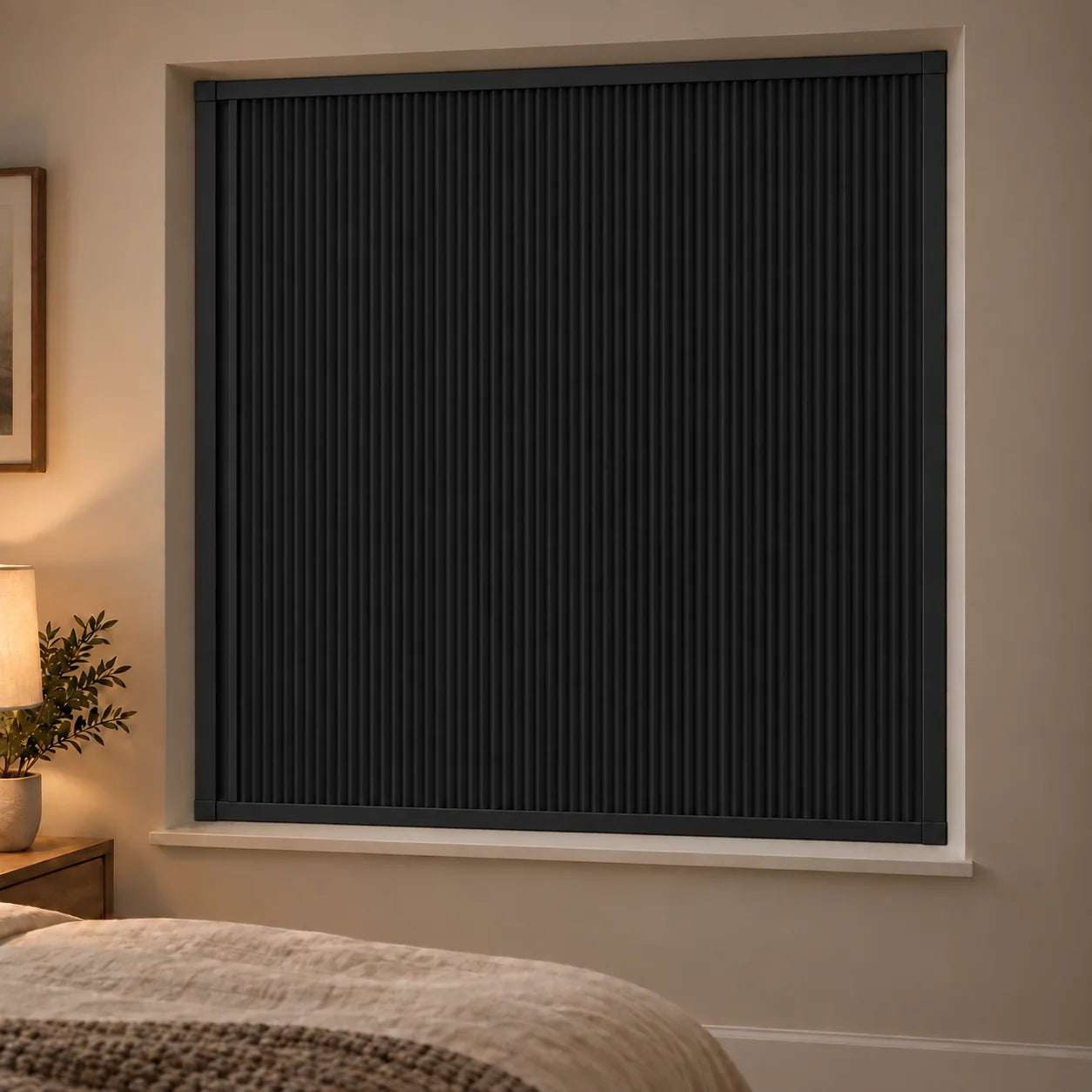 A black Lights Out blind fitted in a warm, neutral bedroom