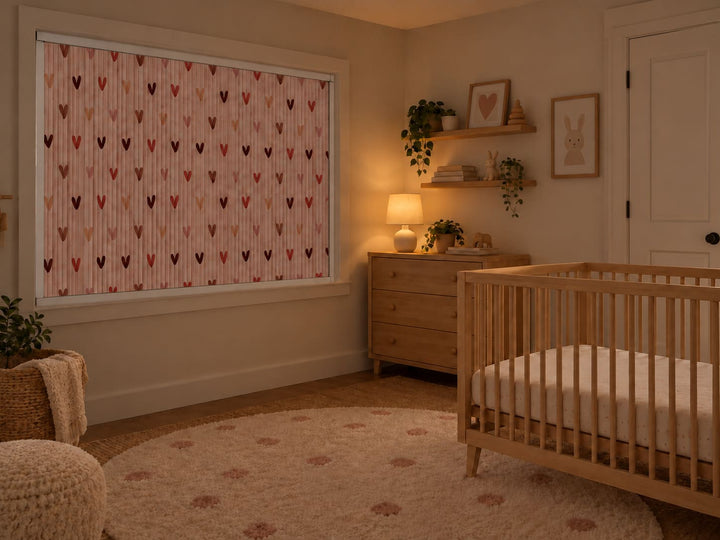 Nursery with edge-to-edge blackout blinds fully blocking daytime light near a crib