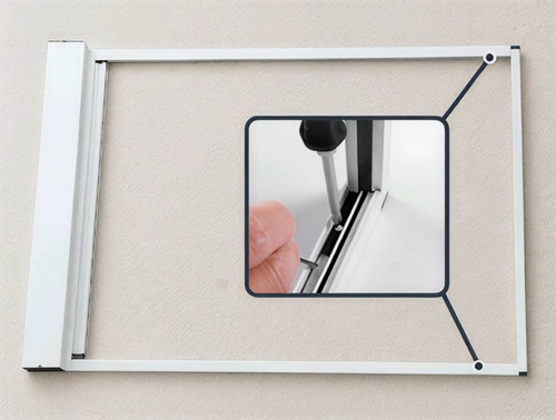 Hand adjusting fabric tension screw on the upright frame