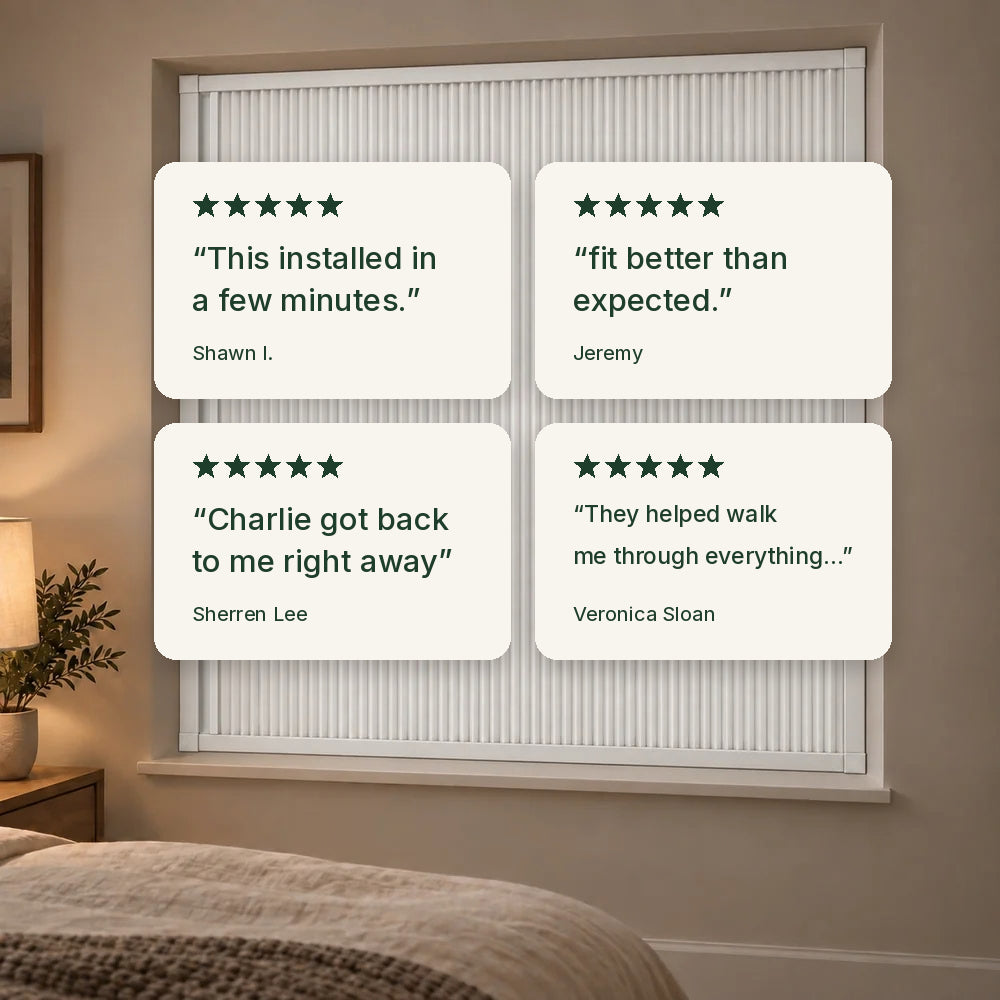 Four customer review bubbles over a Lights Out blind in a bedroom