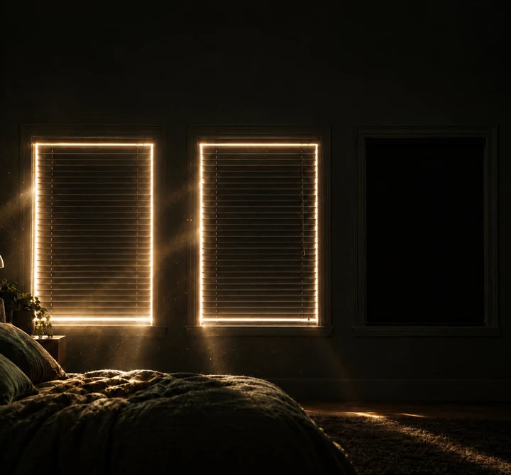 A bedroom with three windows showing light around two blinds and complete blackout in the third