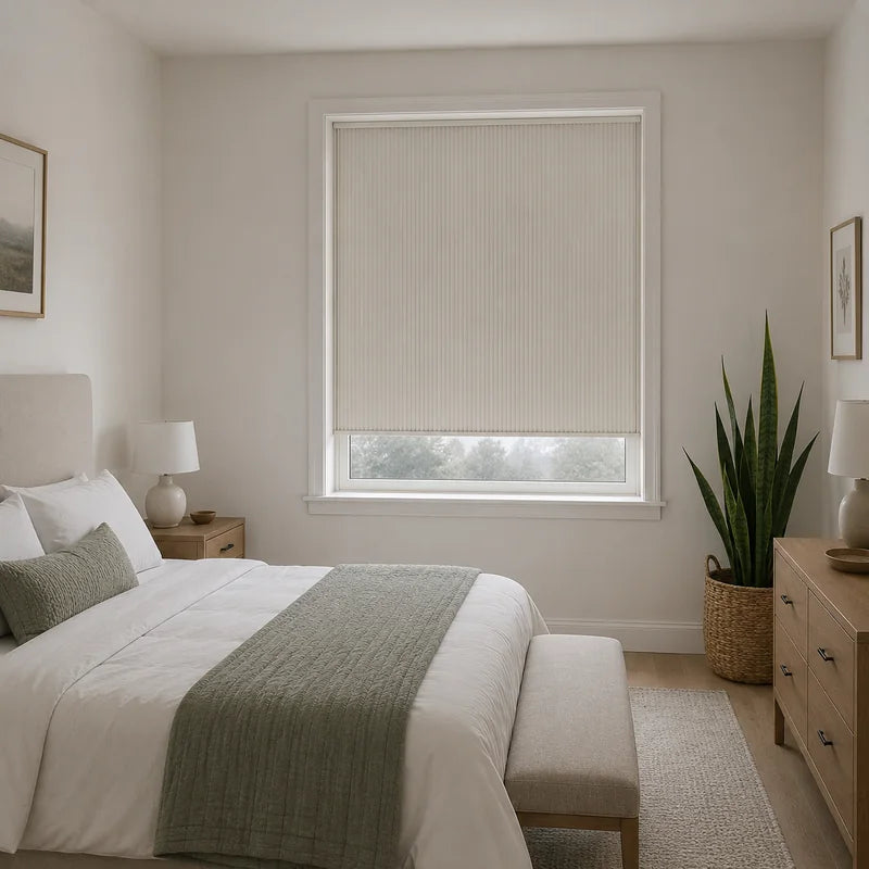 A neutral bedroom with a white Lights Out blind fitted in the window
